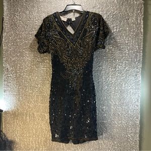 Lawrence Kozar New York Beaded Sequins Little Black Silk Cocktail Dress Size PS